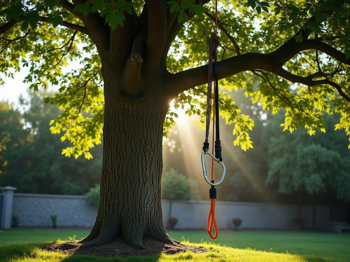 Corde de grimpeur en place sur le tronc d’un grand feuillu, jardin entretenu autour