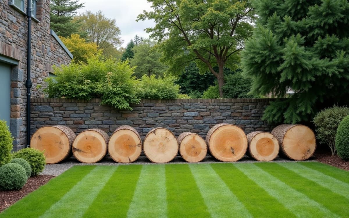 Billes de bois fraîchement sciées alignées le long d’un muret de granit après un abattage