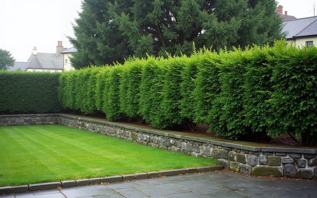Haie de jardin fraîchement taillée, base dégagée et silhouette régulière