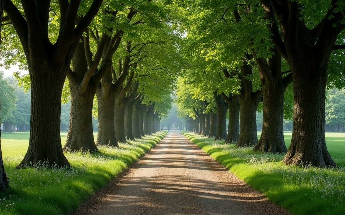 Allée boisée du parc du château de Trohanet à Briec, grands arbres d'ornement plantés au 19e siècle