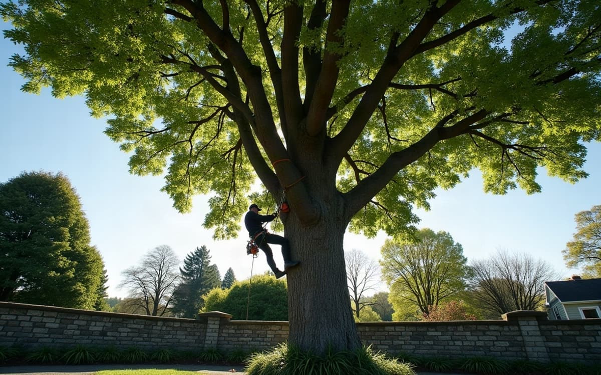 Grimpeur élagueur harnaché dans le houppier d'un grand arbre, corde de rétention et tronçonneuse à la ceinture