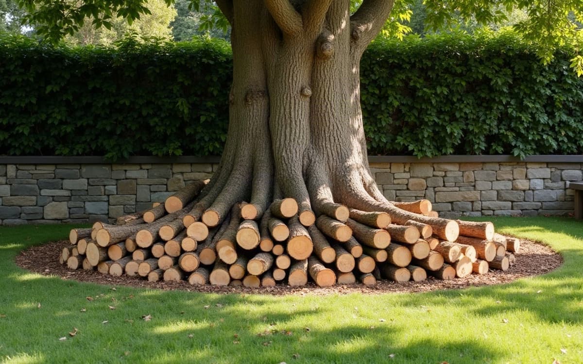 Billons empilés proprement au pied de l'arbre après un démontage, corde de rétention et poulie encore en place dans la charpentière