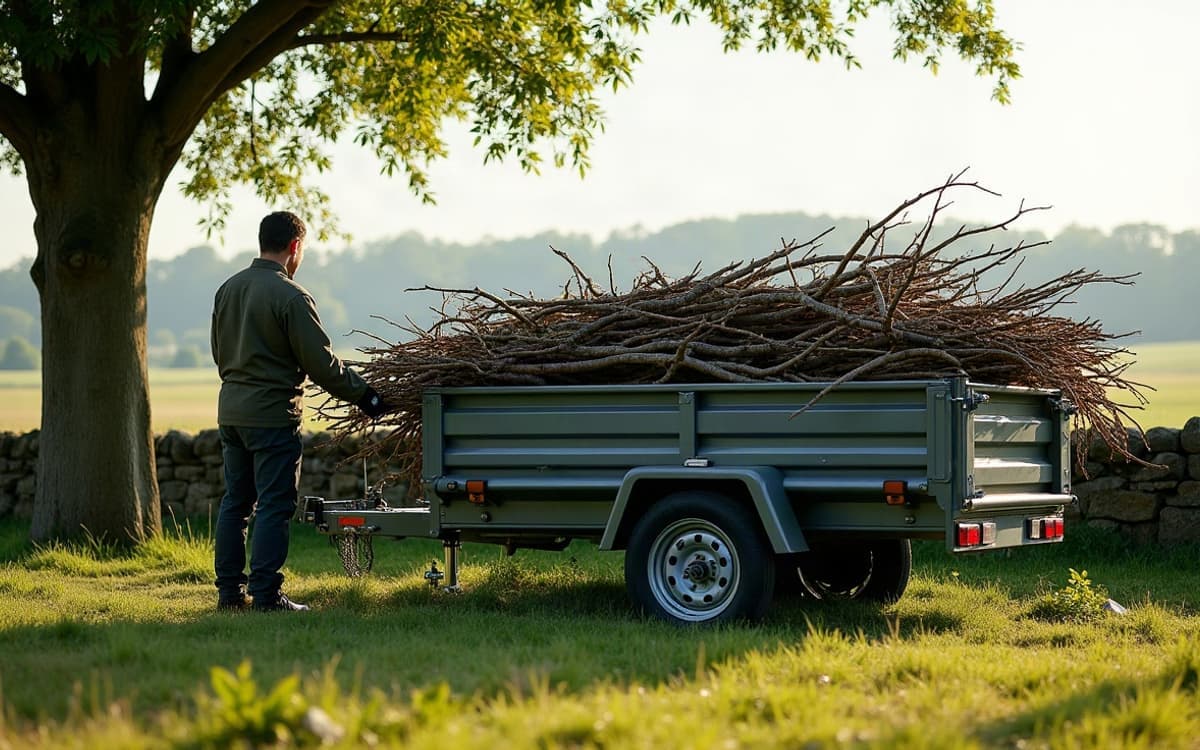 Chargement de bois de taille et de branchages dans une remorque en bordure de champ