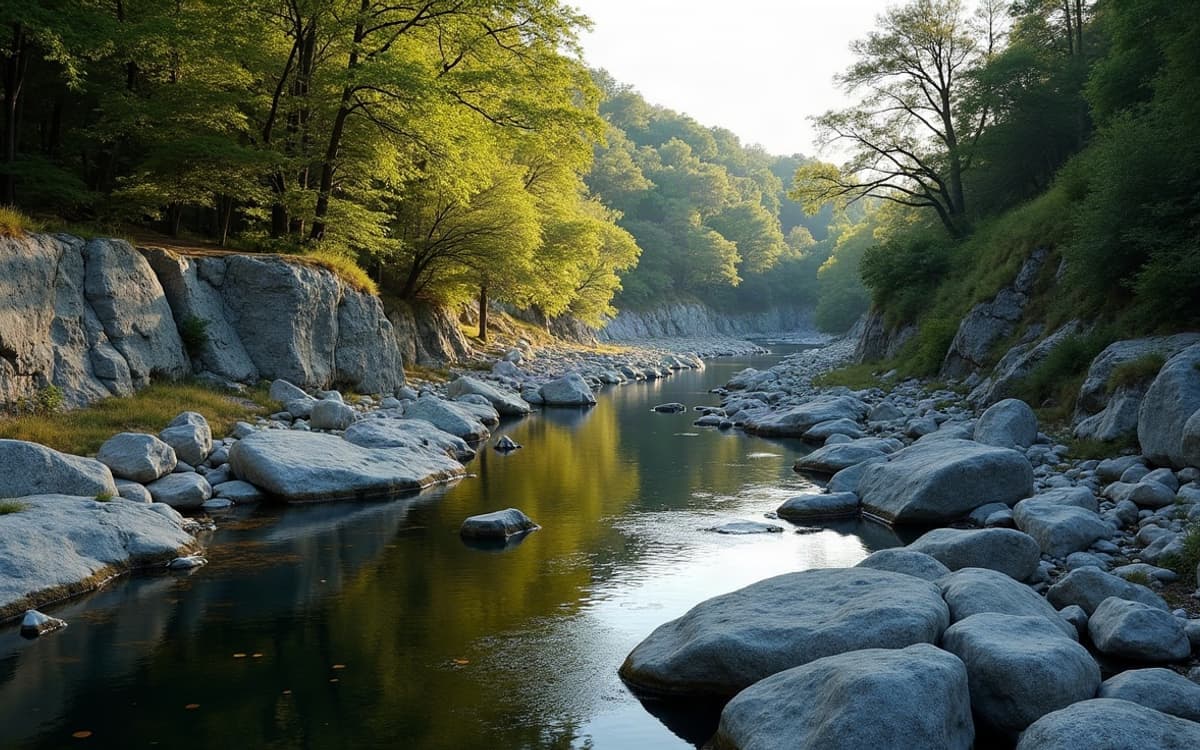 Vue des gorges du Stangala à Ergué-Gabéric, l'Odet encaissé entre un éperon rocheux et un versant boisé