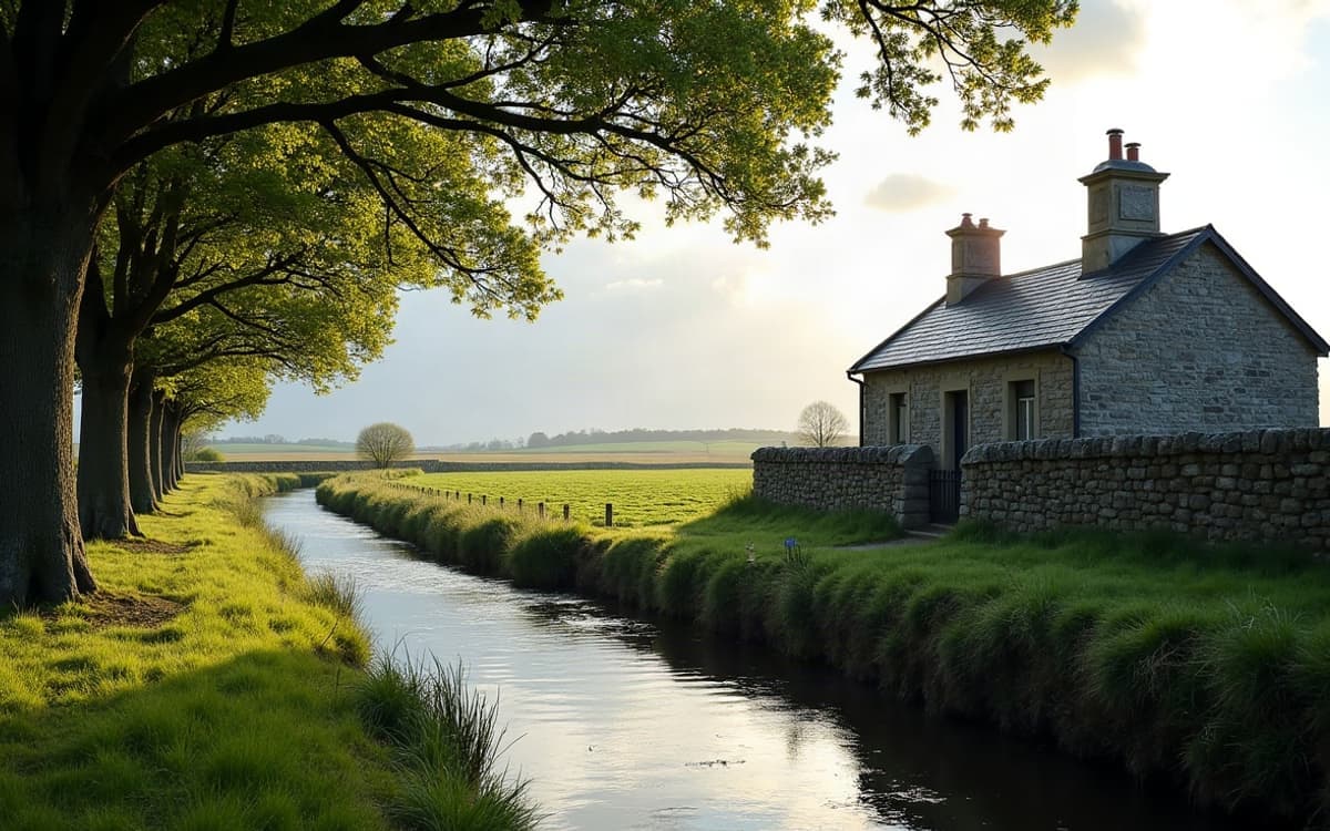 Berges boisées du Steïr à Langolen, rivière bordée d'arbres près du bourg rural
