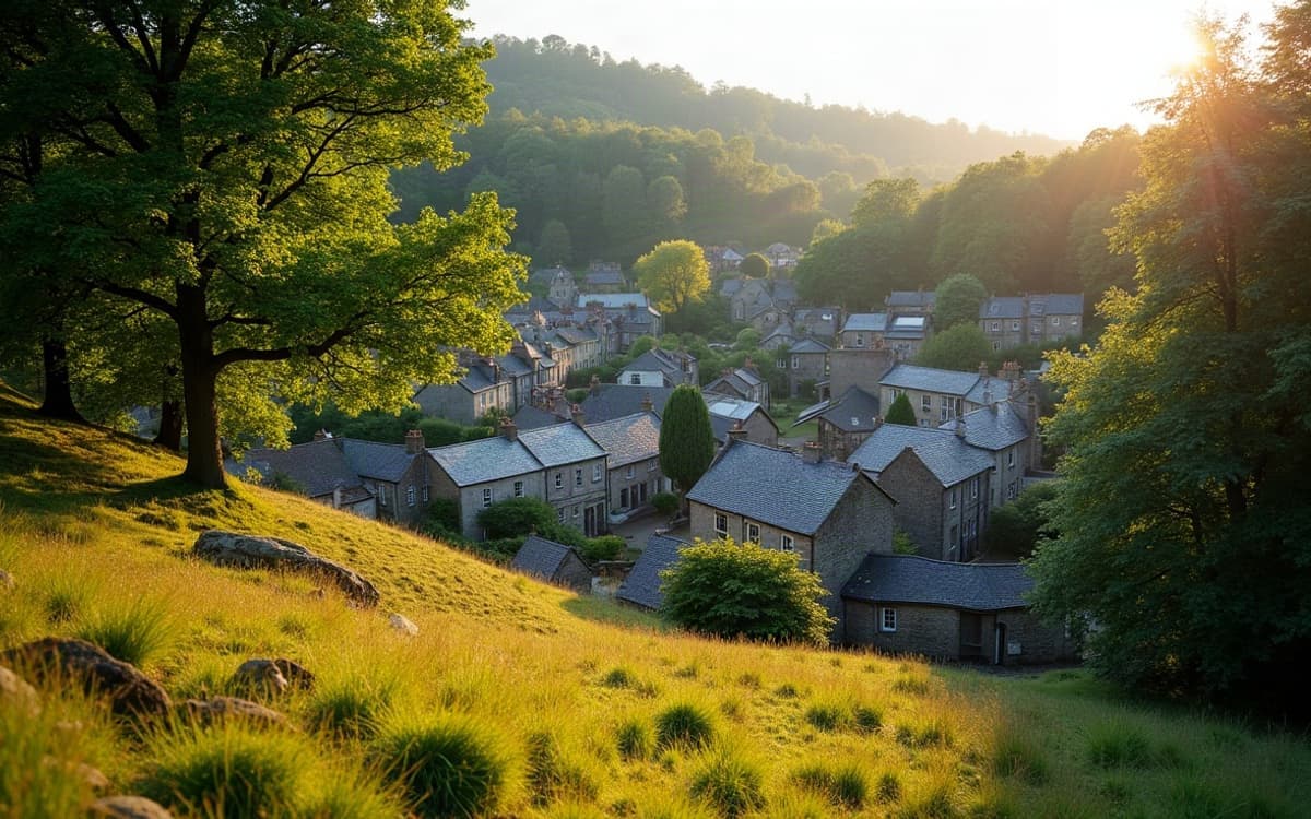 Village classé de Locronan vu depuis les hauteurs, bourg de pierre entouré par le bois du Duc