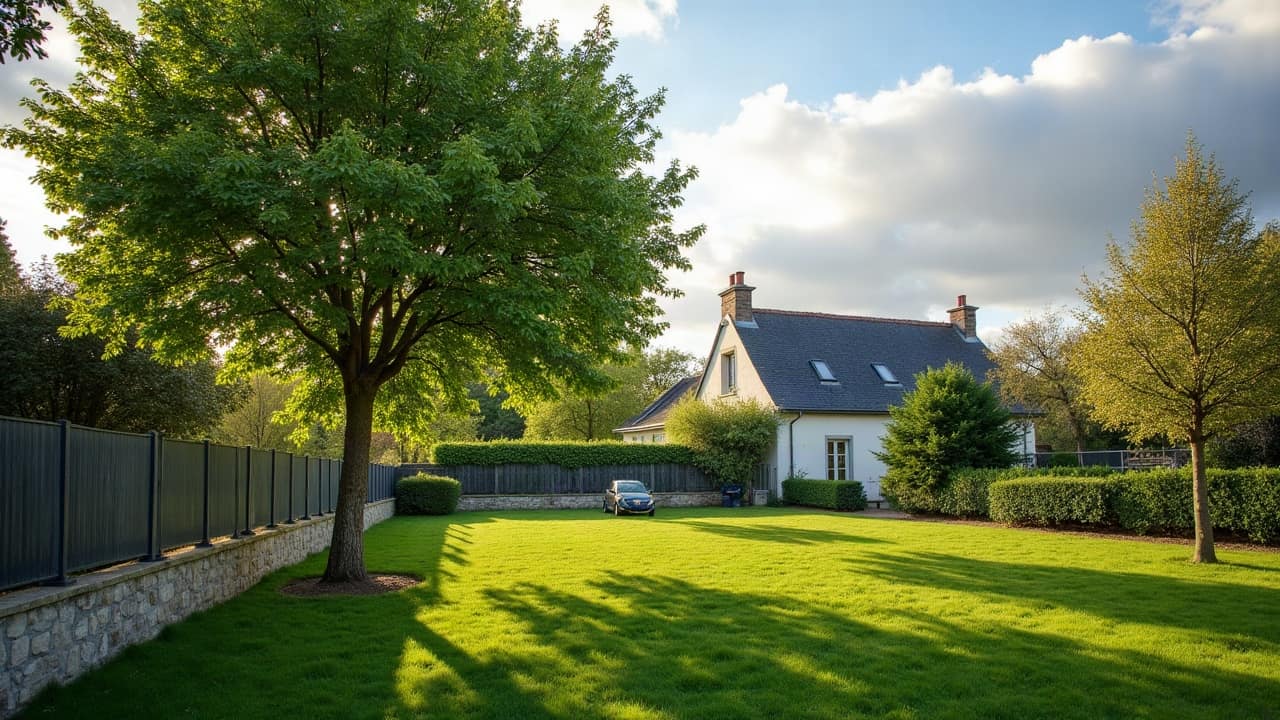 Scène entière : une haie de séparation basse entre deux jardins bretons, un jeune arbre planté à proximité immédiate de cette limite, pelouse du jardin voisin visible de l'autre côté, aucune personne