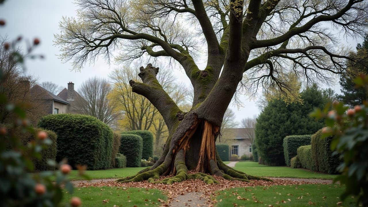 Scène entière : une grosse branche cassée et couchée en travers d'une pelouse après une tempête, bois éclaté bien visible à la cassure, le tronc de l'arbre encore debout juste au-dessus, ciel gris chargé, aucune personne
