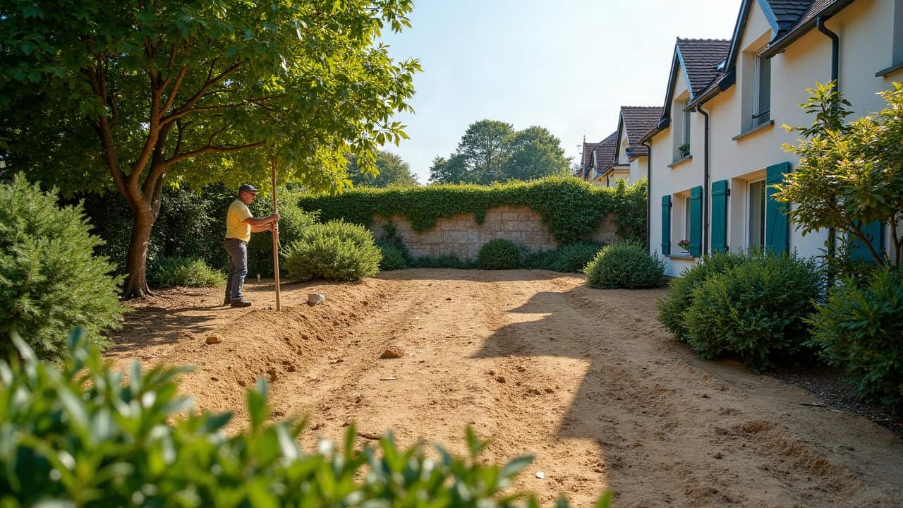 Terrain fraîchement débroussaillé, sol dégagé et net, souches basses de ronces coupées encore visibles au ras du sol, bordure nette contre un talus planté, aucun bâtiment, aucune personne