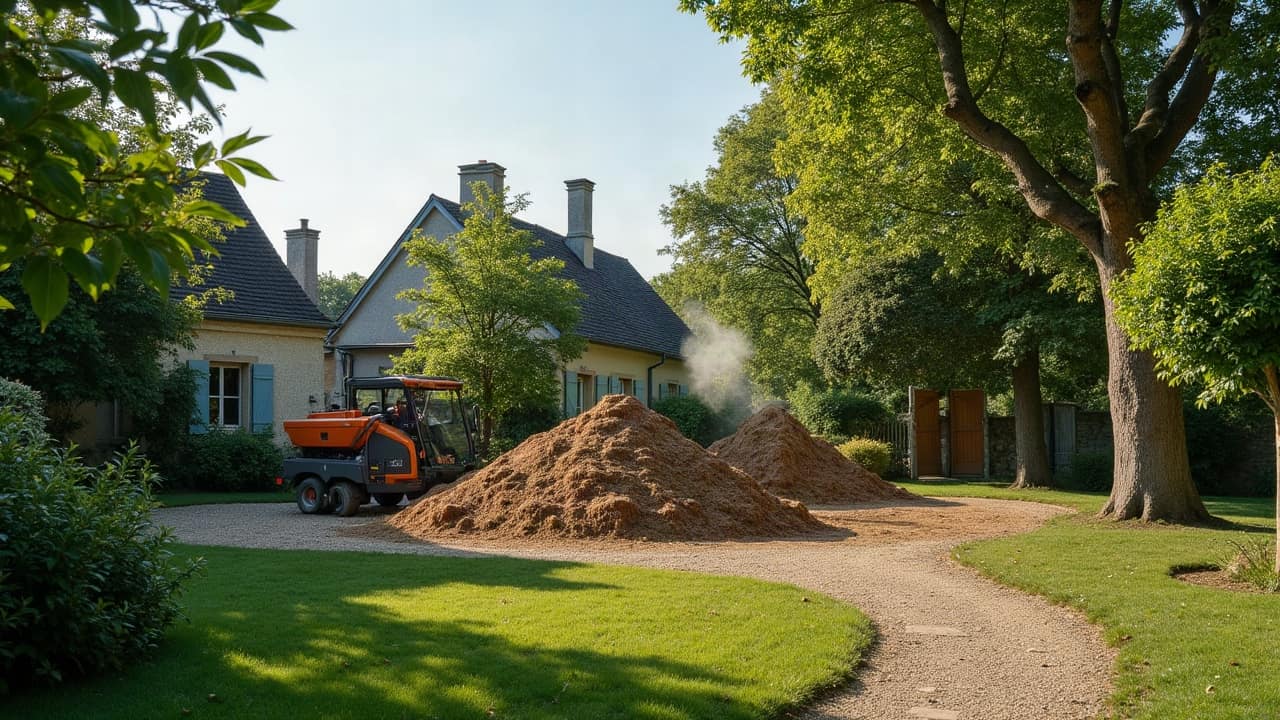 Scène entière : gros tas de branchages coupés et liés en fagots, empilé bien visible en bordure d'un jardin net avant son évacuation, pelouse dégagée tout autour, aucune personne