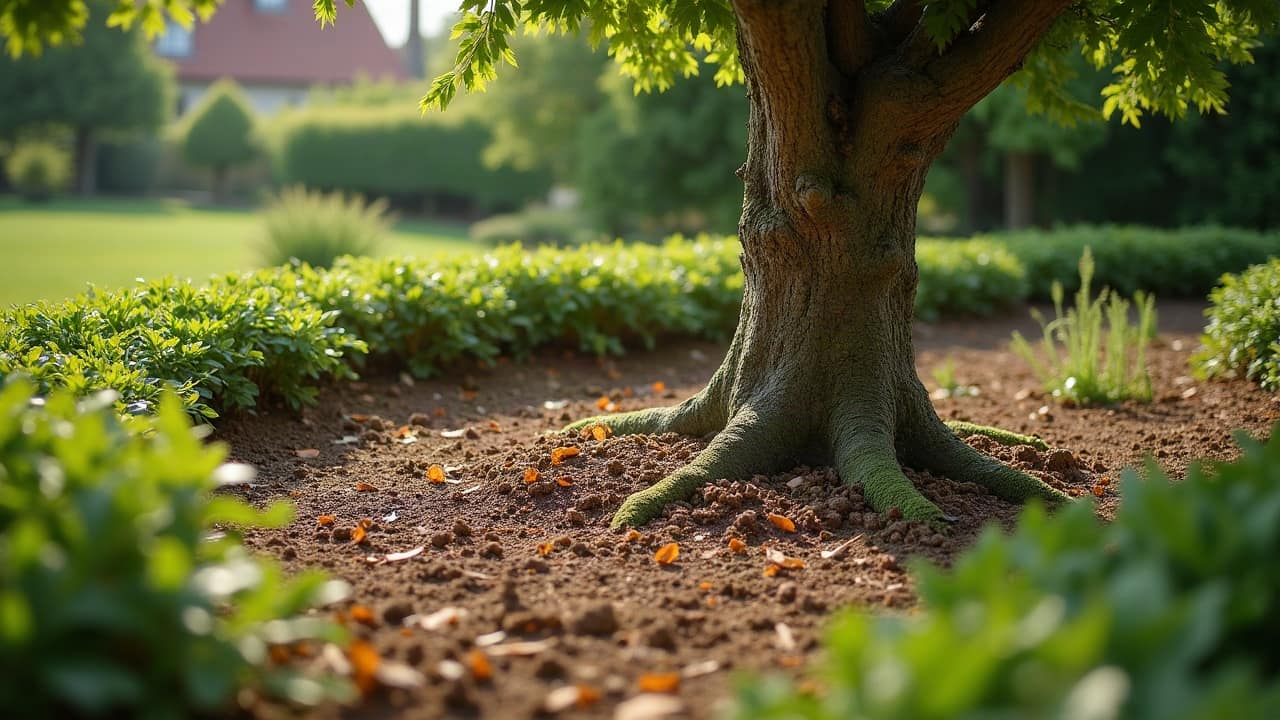 Souche fraîchement rognée avec un cercle de copeaux de bois frais tout autour, trou rebouché de terre, jardin propre, aucune personne dans le cadre