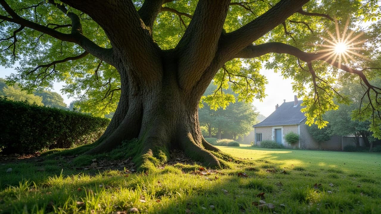 Scène entière : un grand chêne à la ramure équilibrée après une taille raisonnée, dans son jardin breton avec haie et maison discrète en arrière-plan, coupes fines déjà cicatrisées visibles sur l'écorce, aucune personne