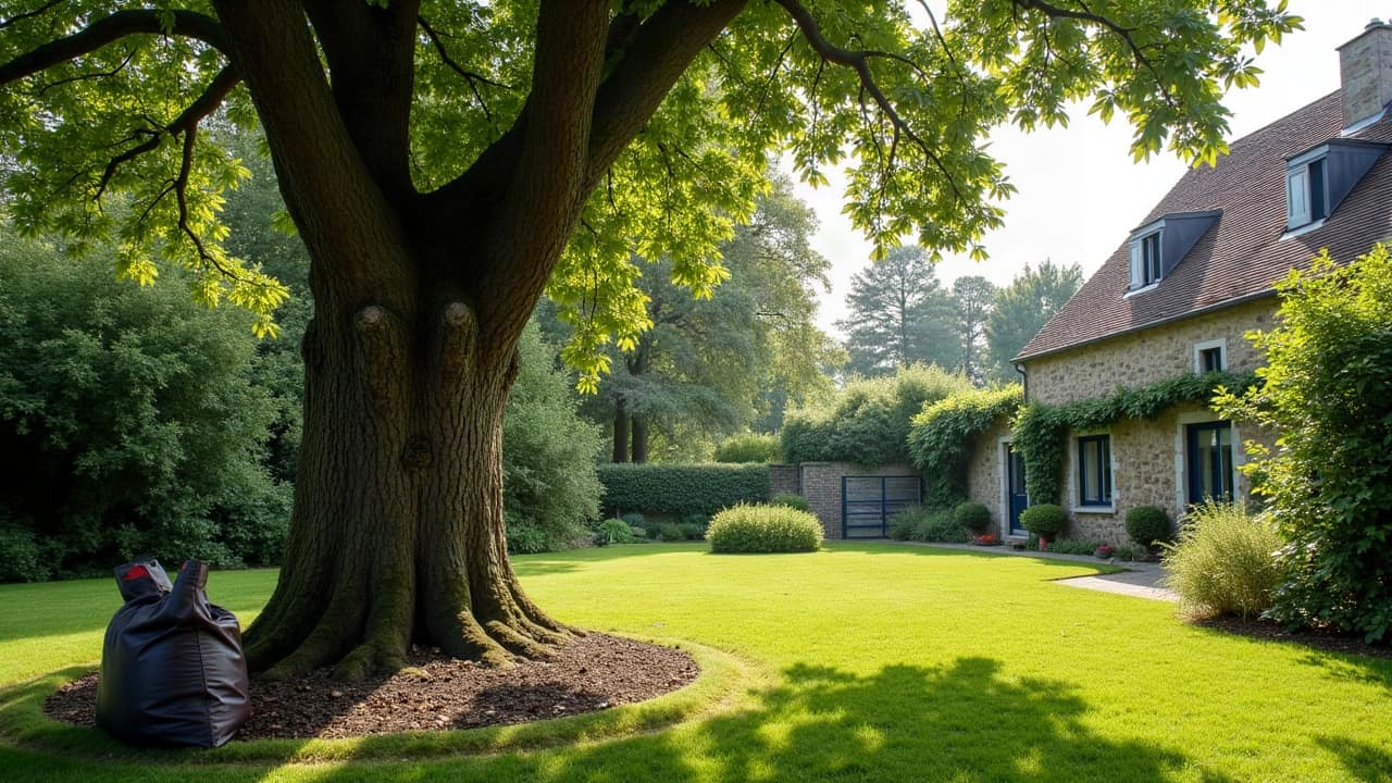 Scène entière dans un jardin de Quimper : un grand chêne équipé d'une corde d'ancrage enroulée et d'un sac de matériel de grimpe posés à son pied, jardin complet visible alentour, scène totalement déserte, aucune personne, aucun visage, aucun travailleur