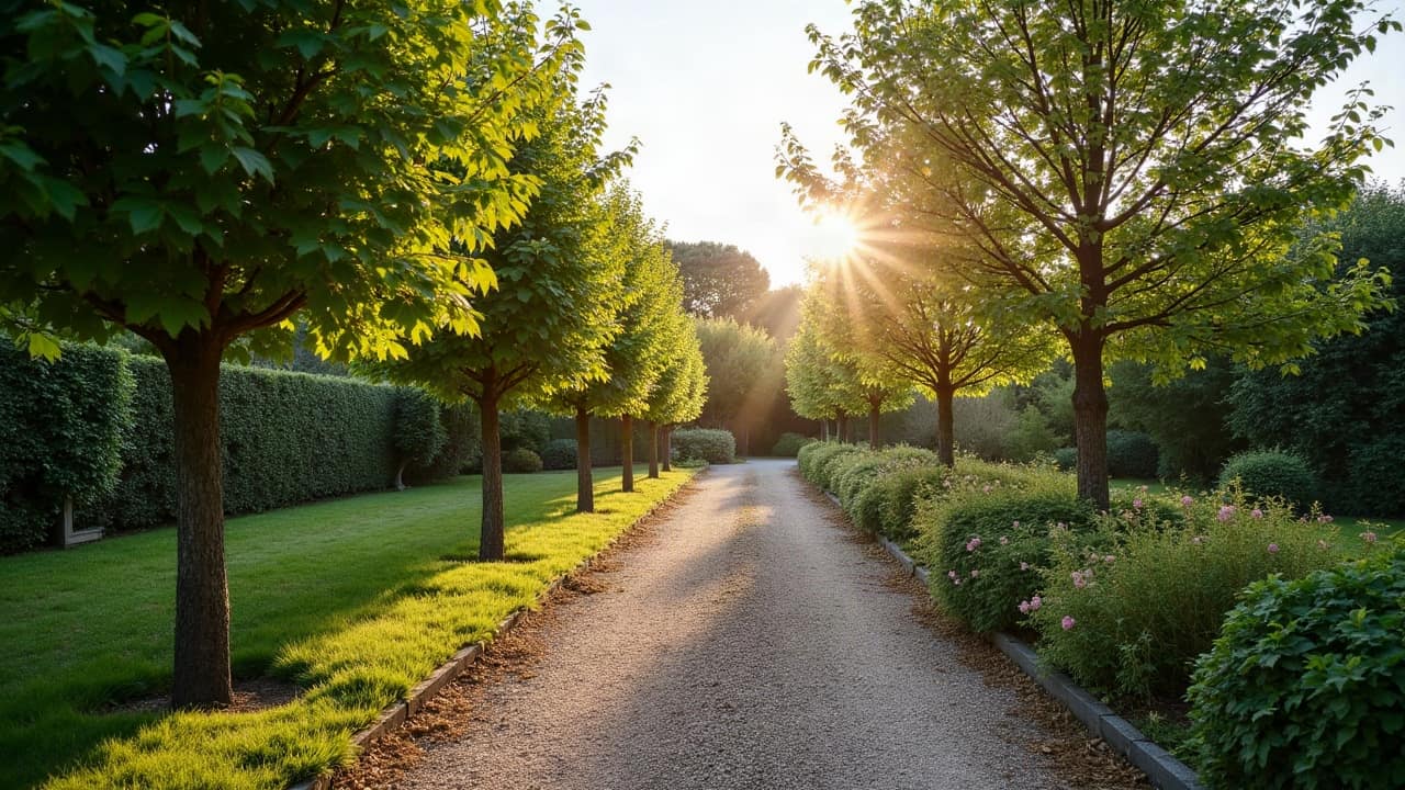 Scène entière : une haie bocagère dense taillée au carré en bordure d'un talus breton, sur toute sa longueur, feuillage compact et net visible dans son environnement de jardin, lumière du matin, aucun bâtiment, aucune personne