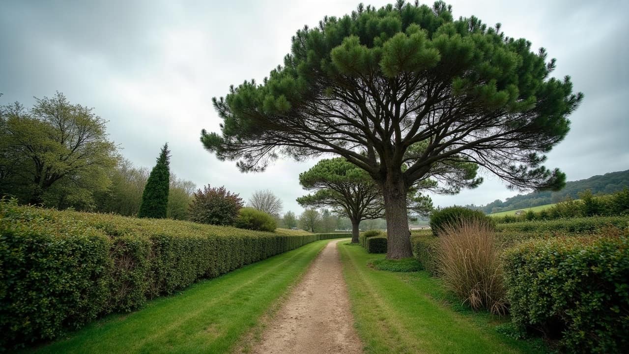 Scène entière : une longue haie bocagère sur talus breton, nettement couchée et modelée par le vent atlantique dominant, toutes les branches orientées du même côté, ciel atlantique nuageux et changeant en arrière-plan, aucune personne, aucun visage