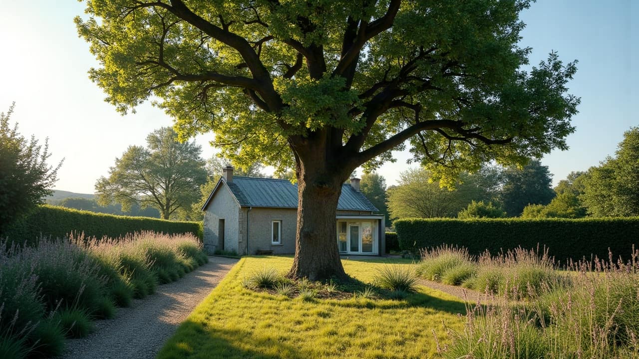 Scène entière : un muret de granit bas marquant la limite entre deux jardins bretons, grosses branches feuillues d'un arbre voisin qui surplombent nettement le muret et retombent côté jardin, environnement complet visible, aucune personne